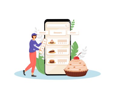 Pastaların tadı ve kalite geri besleme düz konsept vektör çizimi. Kadın müşteri, web tasarımı için pastacı 2D karikatür alıcısı. Tatlı fırın müşteri değerlendirmesi yaratıcı fikir