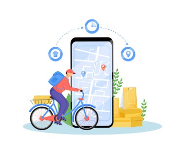 Yemek servisi düz konsept vektör çizimi. Teslimatçı bisiklete biniyor, fast food kuryesi bisiklet 2D çizgi film karakteri web tasarımı için. İnternetten sipariş vermek yaratıcı bir fikir.