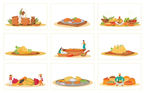 Indiase Traditionele Maaltijden Platte Concept Vector Illustraties Set Restaurant Voedsel — Stockvector