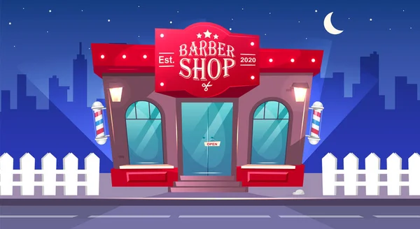 Barbearia Frente Noite Ilustração Vetorial Cor Plana Entrada Loja Cabeleireiros —  Vetores de Stock