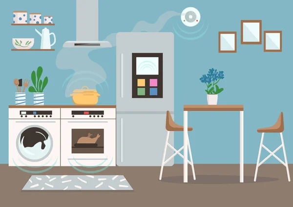 Smart Kitchen Flat Color Vector Illustration Automated Fridge Washing Machine — Stock Vector