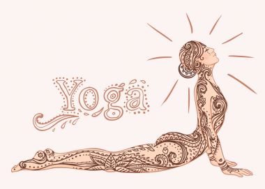 Genç güzel kız yoga yapıyor. Vintage dekoratif illüstrasyon. 