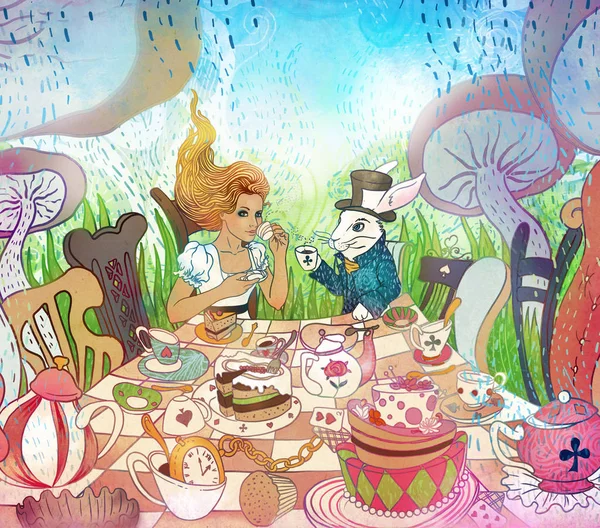 Mad Tea Party. Alice\'s Adventures in Wonderland illustration. Gi