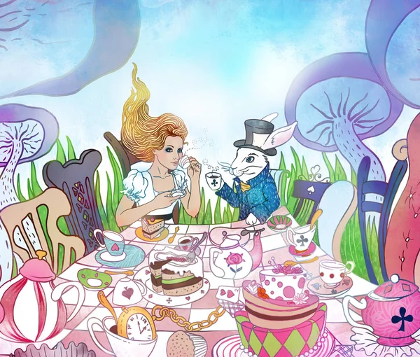 Un Tea Party fou. Illustration d'Alice au pays des merveilles. Gi — Photo