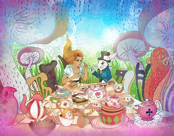 Mad Tea Party. Alice\'s Adventures in Wonderland illustration. Gi