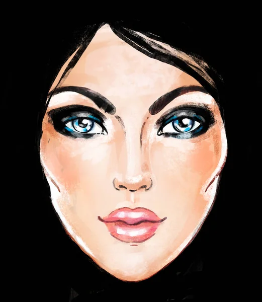 Woman face. Hand painted fashion illustration isolated over blac — Stock Photo, Image
