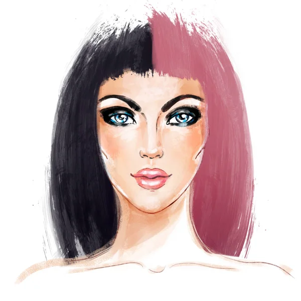 Split-färgat hår trenden. Kvinna ansikte. Hälften färgat hår. Stil trend. — Stockfoto