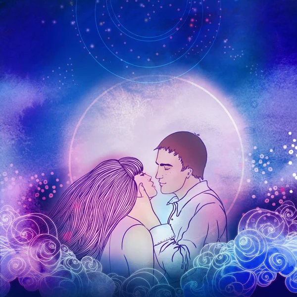 Young beautiful couple kissing in the moonlight. Romantic love, — Stock Photo, Image