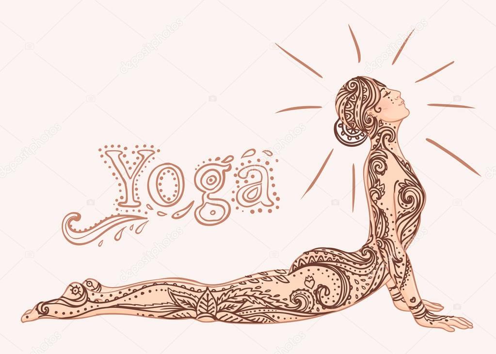 Young pretty girl doing yoga. Vintage decorative  illustration. Hand drawn background. Mehenidi ornate decorative style. Yoga studio  concept, Indian, Hindu motifs.