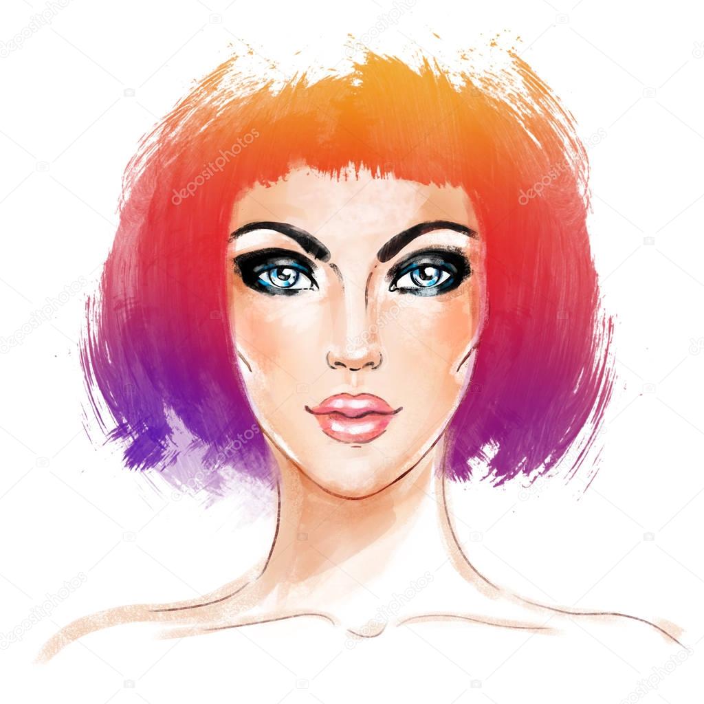Woman face. Hand painted fashion illustration isolated on white. Instagram logo dyed colors. Professional hair Coloring. Bob haircut and smoky eyes.