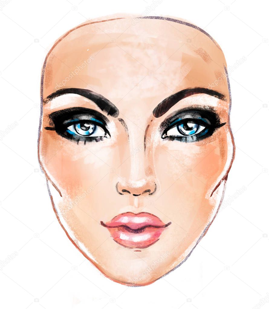 Woman face. Hand painted fashion illustration isolated on white.