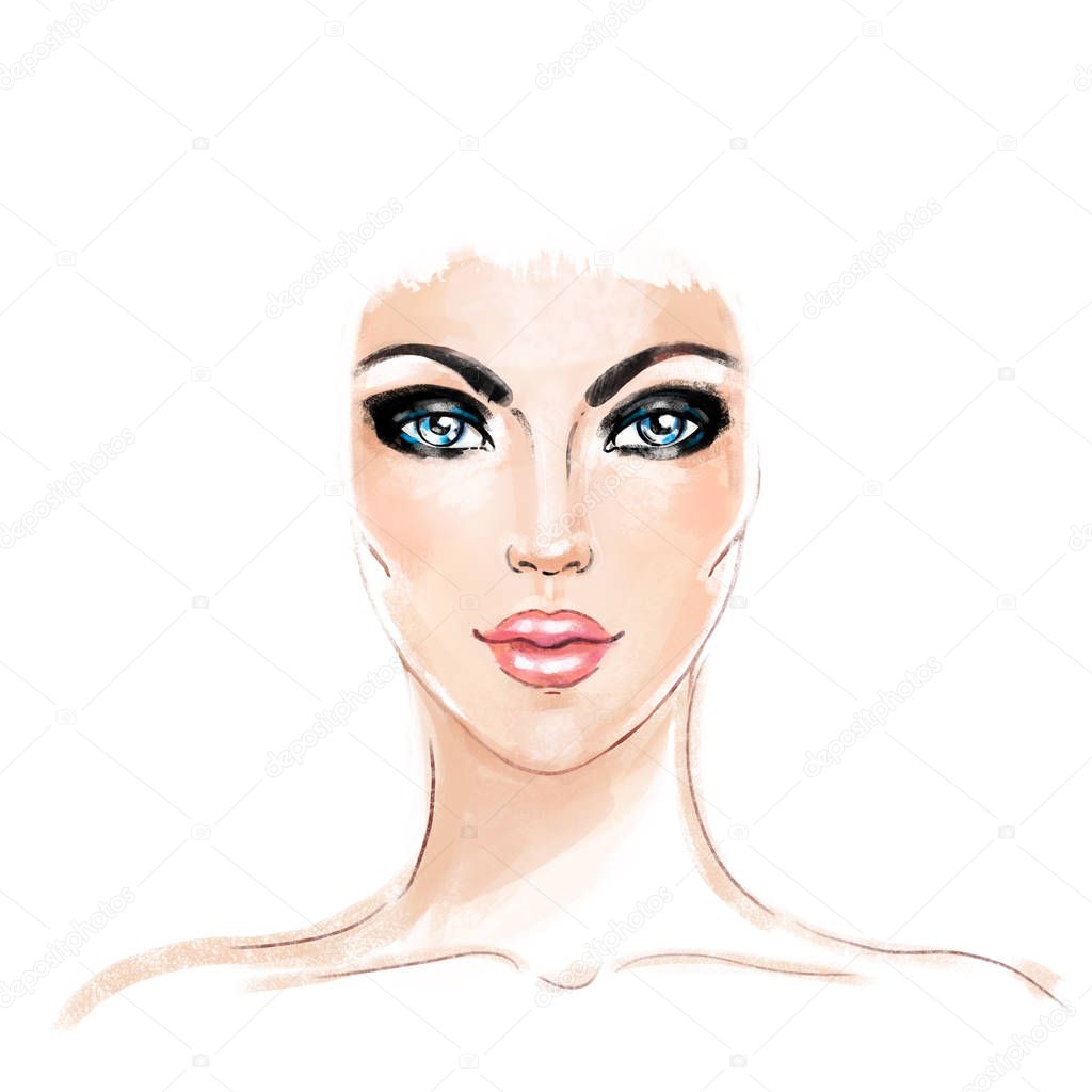 Woman face. Hand painted fashion illustration isolated on white.