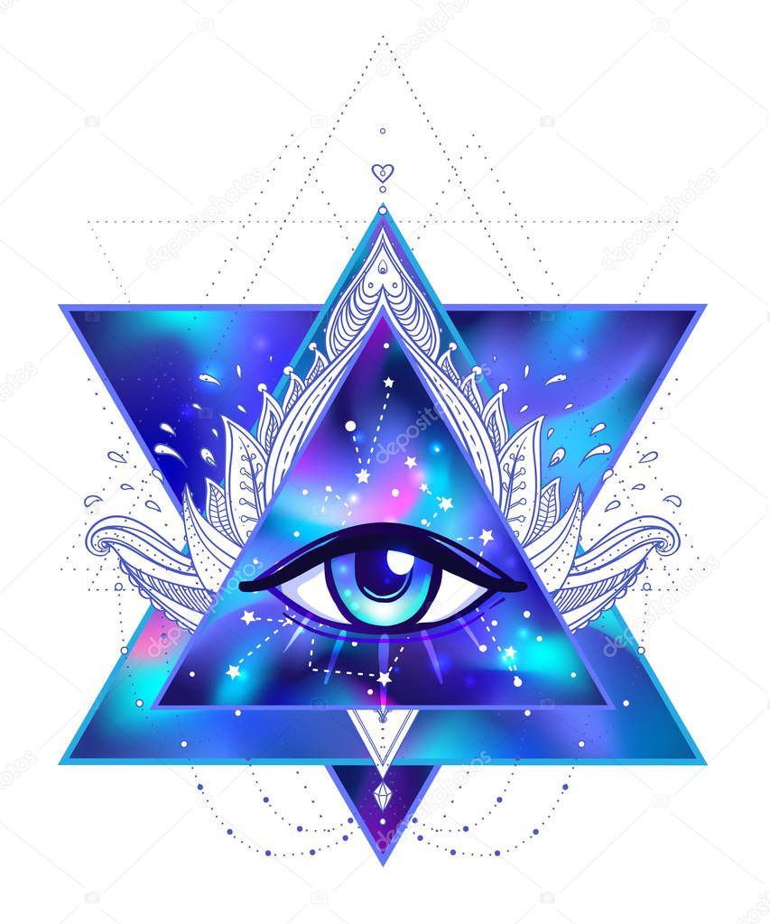Vector illustration design of bright colorful cosmos logo with one eye