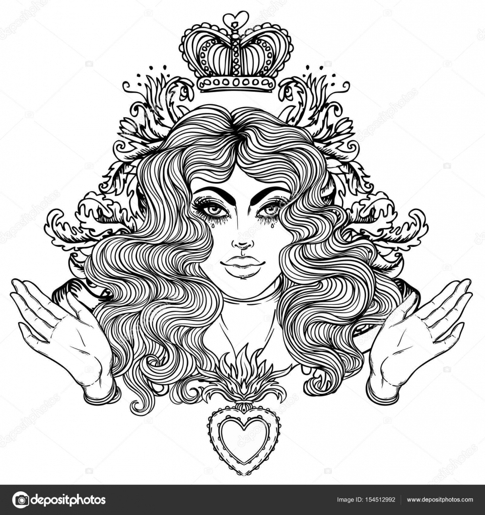 Devozione al cuore immacolato della Beata Vergine Maria Regina del cielo Illustrazione vettoriale isolato Libro da colorare per adulti Disegno del
