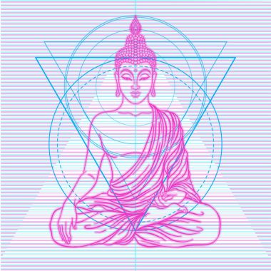 Buda renkli neon arka plan üzerinde oturuyor. Vektör illustratio