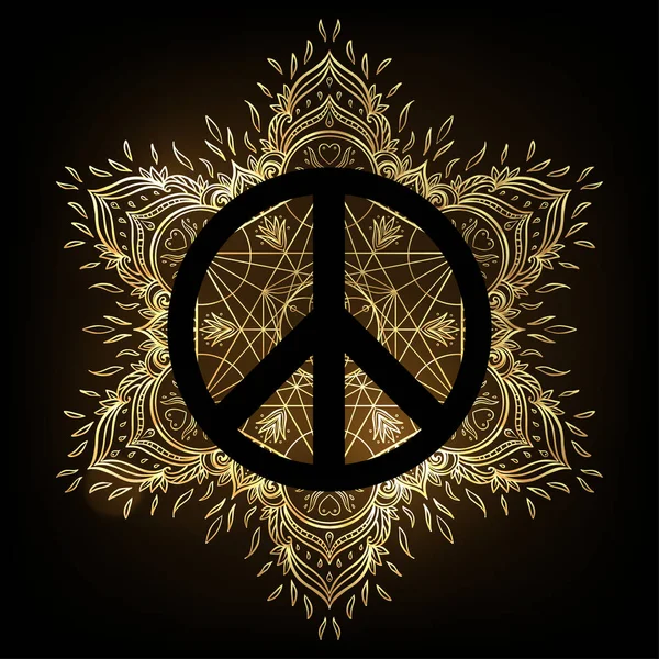 Peace symbol over decorative ornate background mandala round pat — Stock Vector