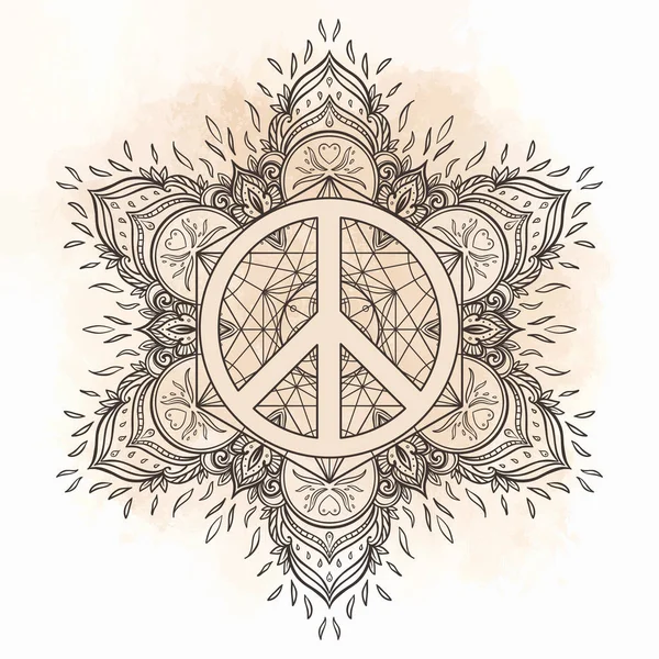Friedenssymbol über dekorativ verziertem Hintergrund Mandala rund klopfen — Stockvektor