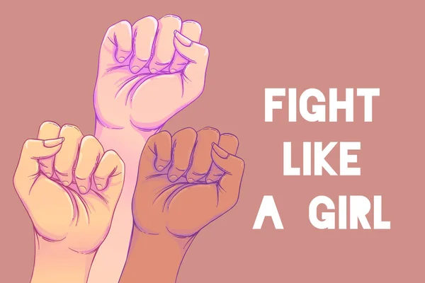 Combatti come una ragazza. 3 Le mani della donna con il pugno alzato. Ragazza — Vettoriale Stock