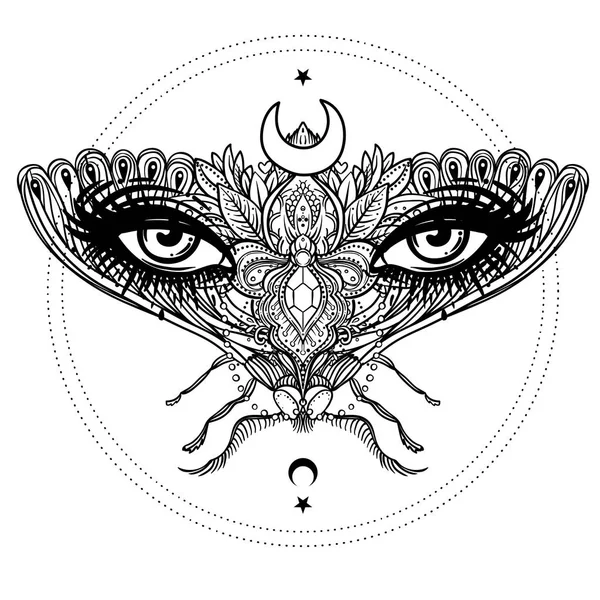 Weird beautiful moth on an girl face. Ornate decorated butterfly — Stock Vector