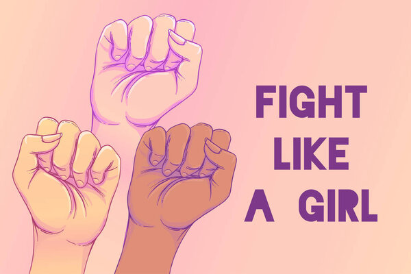 Дерись как девчонка. 3 Женские руки с поднятым кулаком. Девушка
