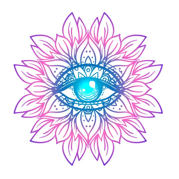 Símbolo de geometría sagrada con todos los ojos que ven en colores ácidos. Mysti. — Archivo Imágenes Vectoriales