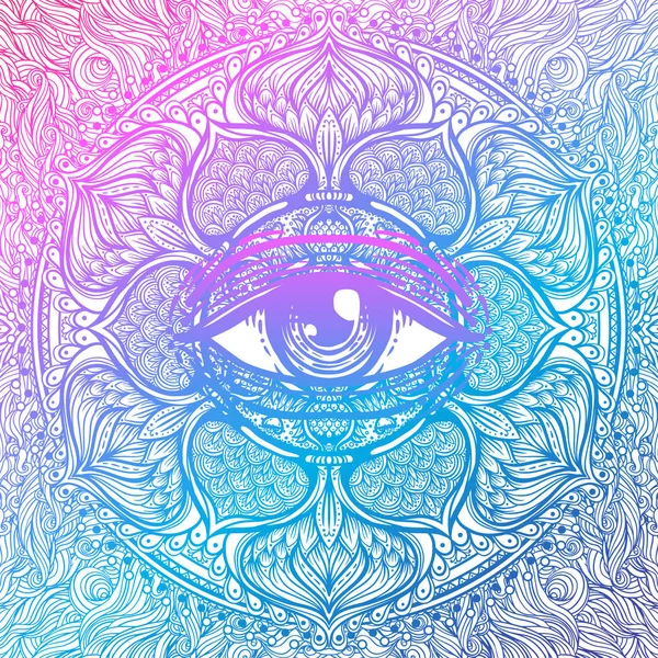 Símbolo de geometría sagrada con todos los ojos que ven en colores ácidos. Mysti. — Vector de stock