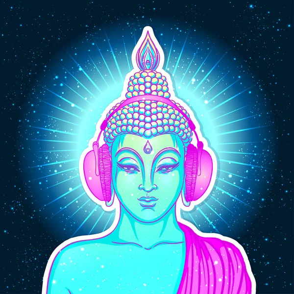 Bouddha moderne écoutant la musique dans les écouteurs en couleur néon — Image vectorielle