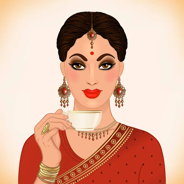 Prachtige Indiase vrouw dragen traditionele outfit drinken thee, — Stockvector