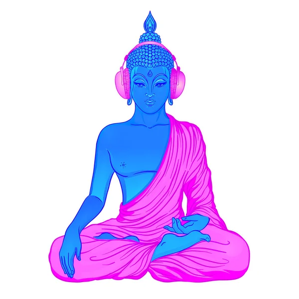 Buda moderno escuchando la música en auriculares en color neón — Vector de stock