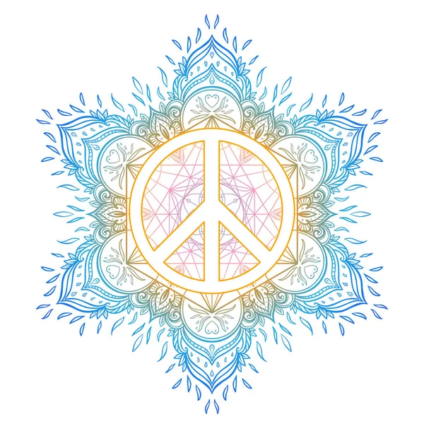 Símbolo de paz sobre fondo decorativo adornado mandala ronda pat — Vector de stock