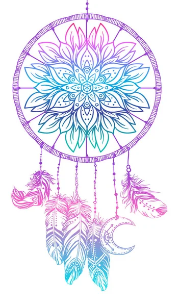 Mão desenhado nativo americano indiano talismã dreamcatcher com fea —  Vetores de Stock
