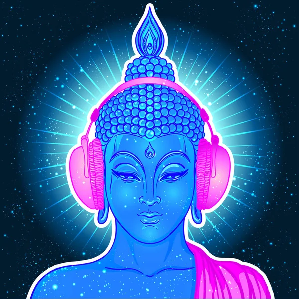Moderner Buddha hört Musik in neonfarbenen Kopfhörern — Stockvektor