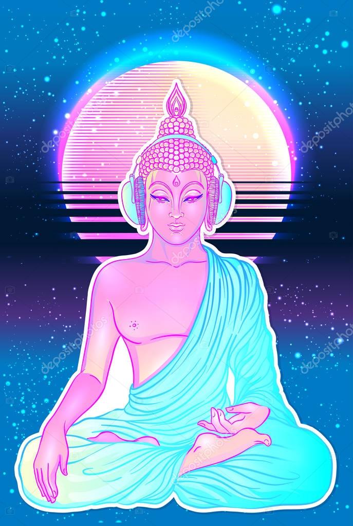Modern Buddha listening to the music in headphones in neon colors isolated on white. Vector illustration. Vintage psychedelic composition. Indian, Buddhism, trance music. Sticker, patch design.