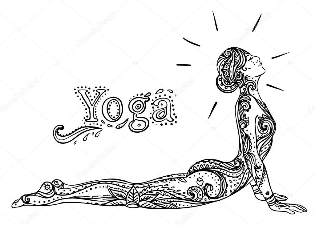 Young pretty girl doing yoga. Vintage decorative vector illustration. Hand drawn background. Mehenidi ornate decorative style. Yoga studio  concept, Indian, Hindu motifs. Coloring book for adults.