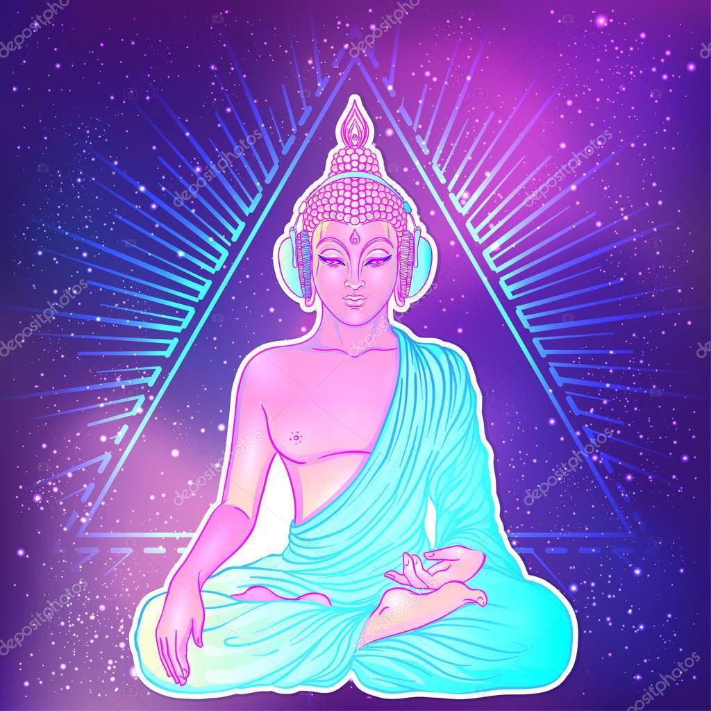Modern Buddha listening to the music in headphones in neon colors isolated on white. Vector illustration. Vintage psychedelic composition. Indian, Buddhism, trance music. Sticker, patch design.