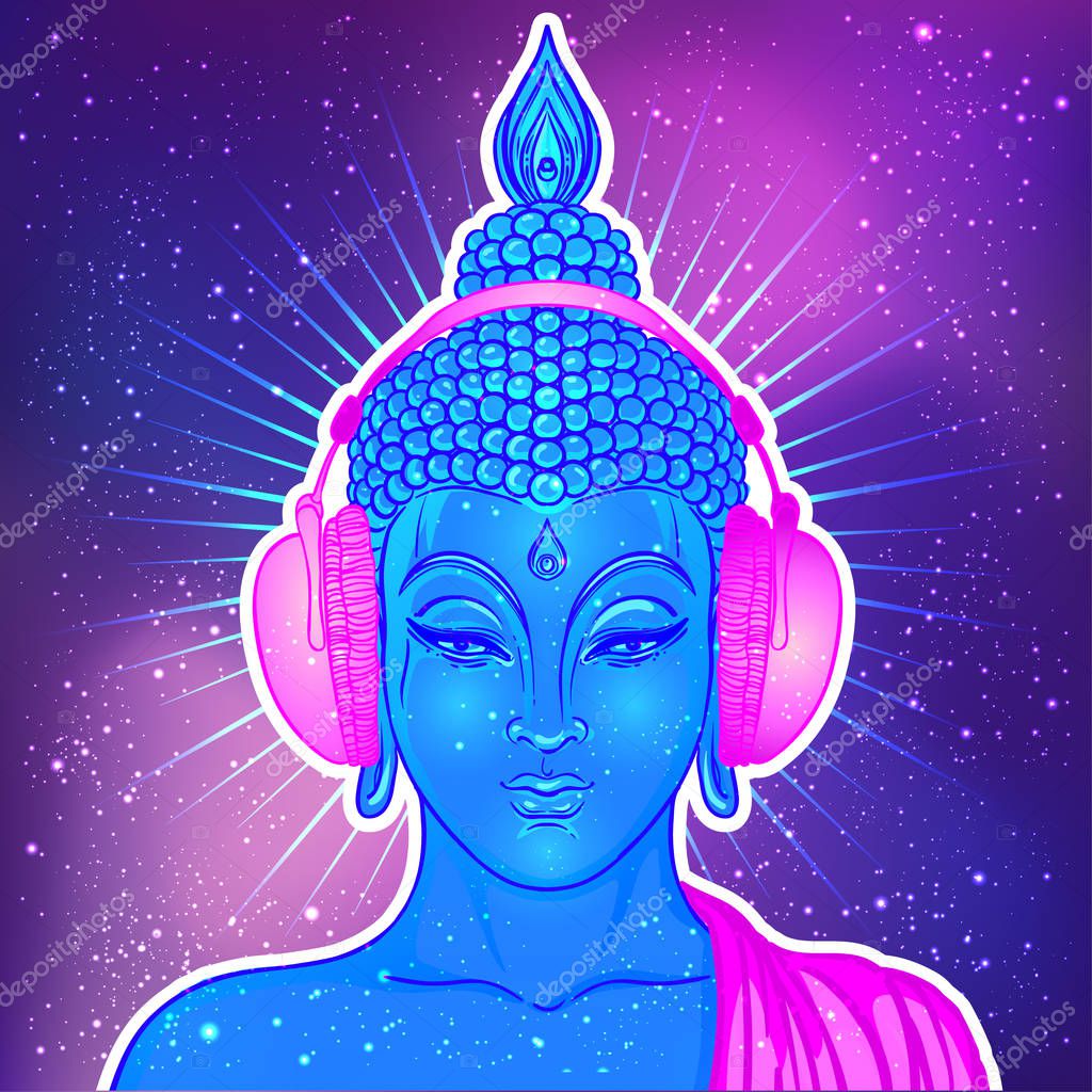 Modern Buddha listening to the music in headphones in neon colors isolated on white. Vector illustration. Vintage psychedelic composition. Indian, Buddhism, trance music. Sticker, patch design.