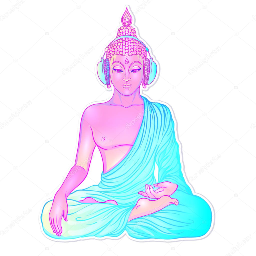 Modern Buddha listening to the music in headphones in neon color