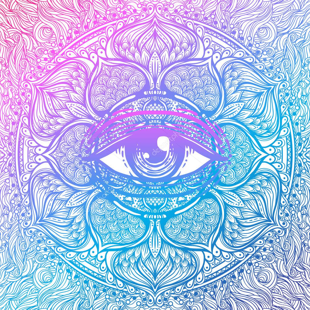 Sacred geometry symbol with all seeing eye in acid colors. Mysti