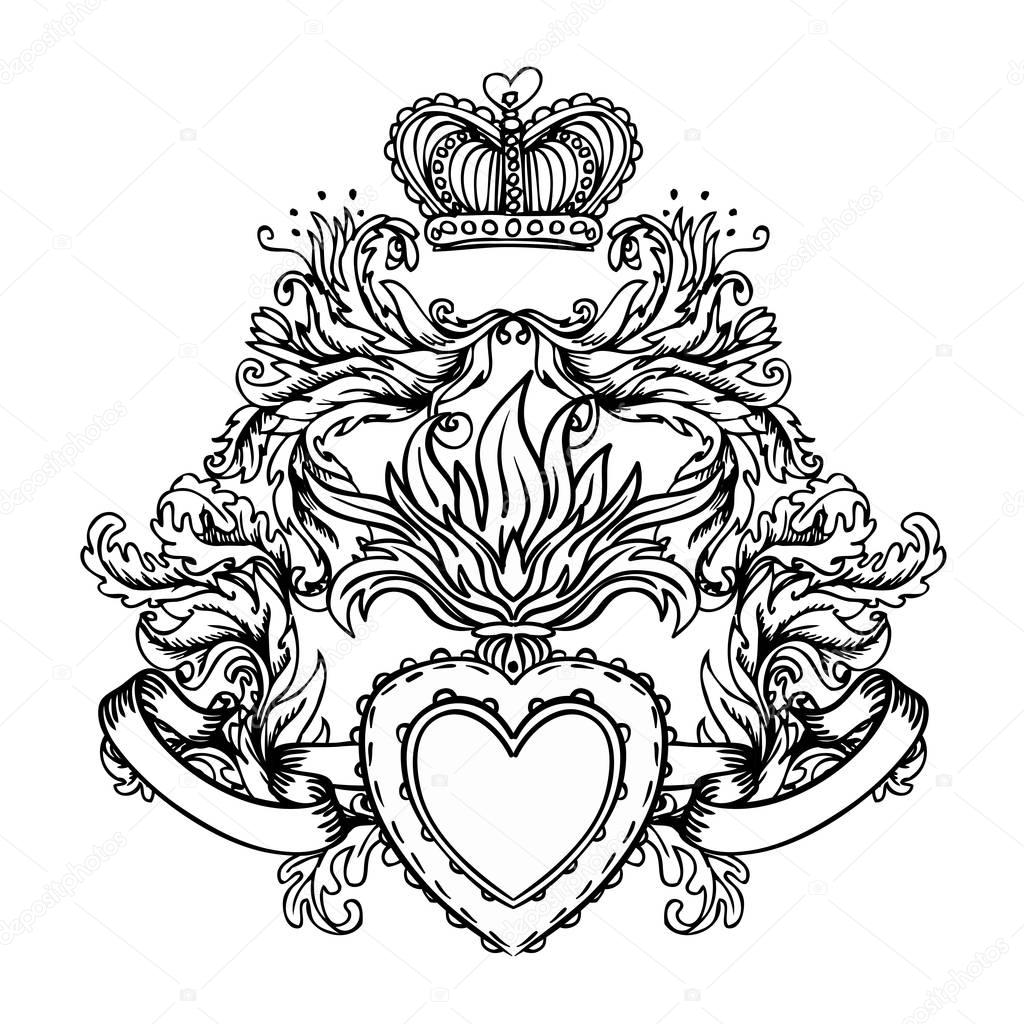 Sacred Heart of Jesus with rays. Vector illustration black isola
