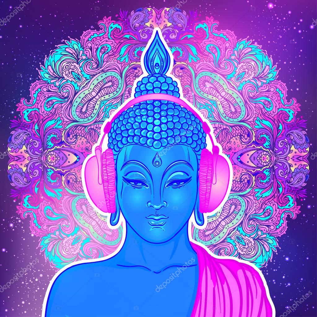 Modern Buddha listening to the music in headphones in neon colors isolated on white. Vector illustration. Vintage psychedelic composition. Indian, Buddhism, trance music. Sticker, patch design.