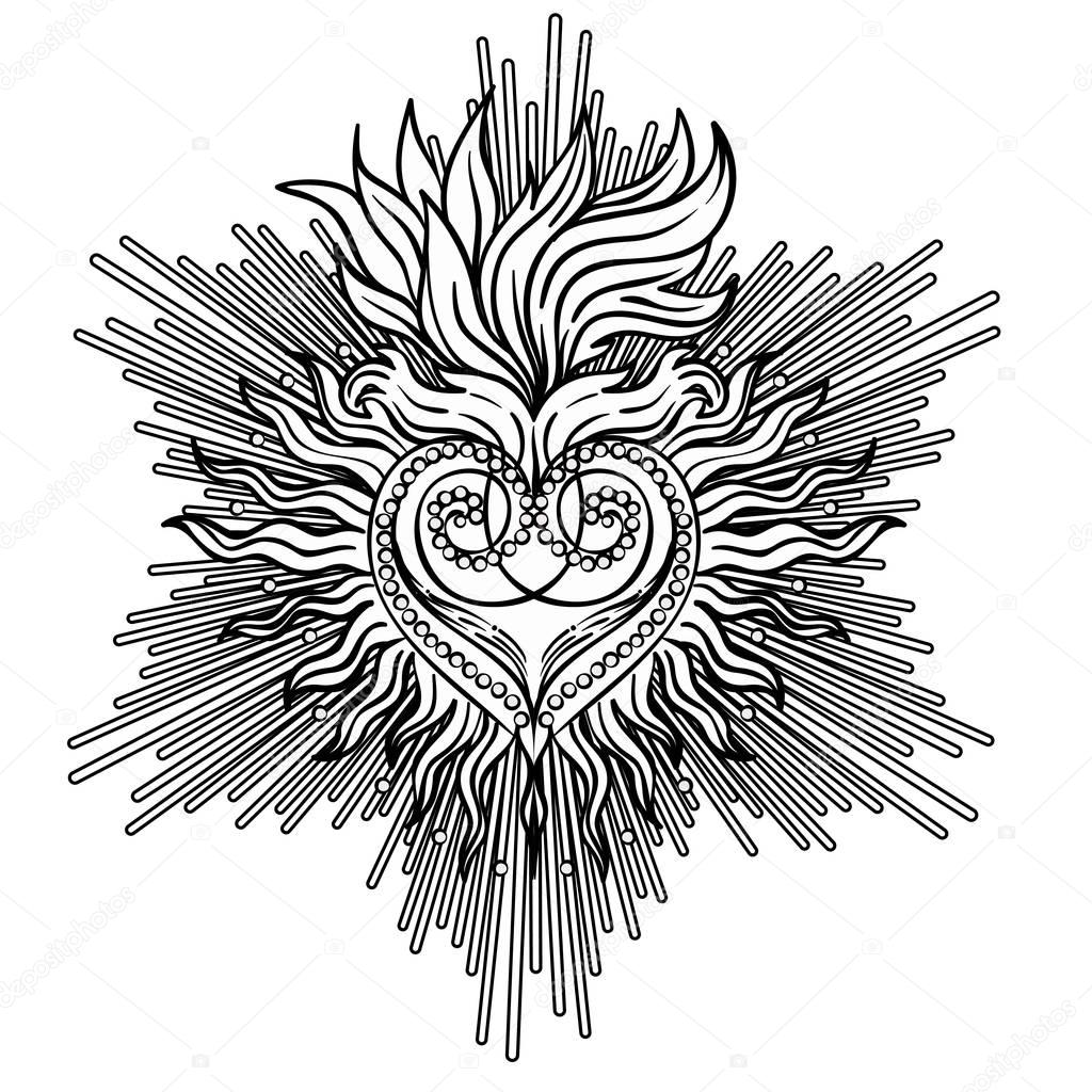 Sacred Heart of Jesus with rays. Vector illustration black isola