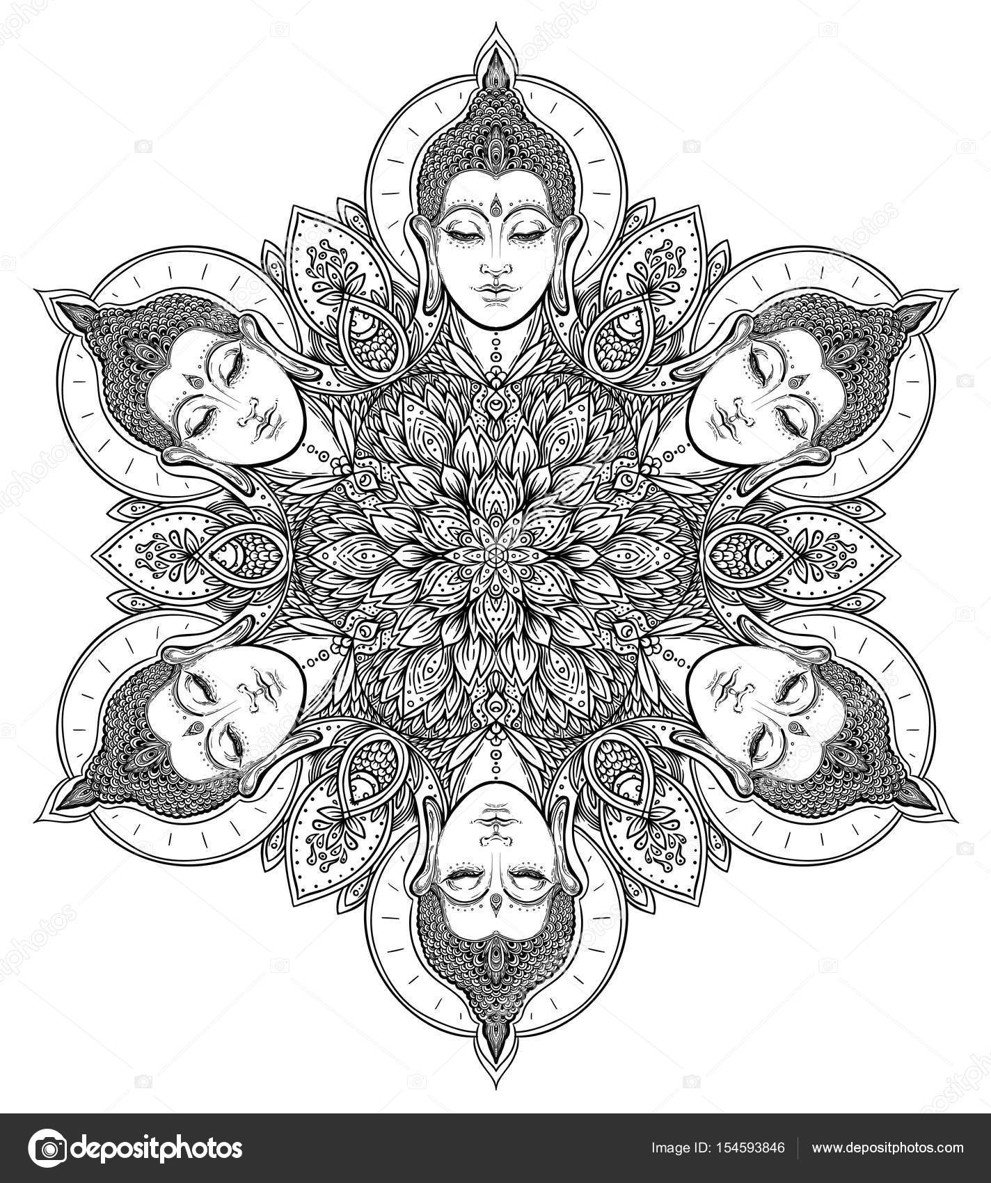 Download Buddha faces in ornate mandala round pattern. Esoteric ...