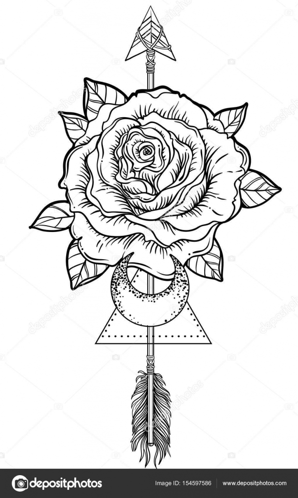 Blackwork Tatouage Flash Fleur Rose Flèche Et La Lune