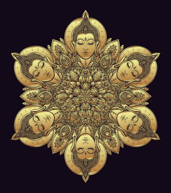 Buda'nın karşı karşıya süslü mandala desen yuvarlak. Ezoterik vintage v