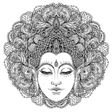 Buddha face over ornate mandala round pattern. Esoteric vintage  clipart