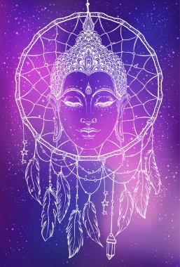 Buda'nın yüzüne dreamcatcher desen yuvarlak. Ezoterik vintage ve