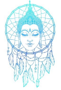 Buda'nın yüzüne dreamcatcher desen yuvarlak. Ezoterik vintage ve