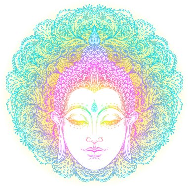 Buda'nın yüzüne süslü mandala desen yuvarlak. Ezoterik vintage 