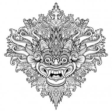 Barong. Bali dili maskesi geleneksel ritüel. Vektör dekoratif orna