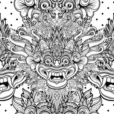 Barong. Bali dili maskesi geleneksel ritüel. Vektör dekoratif orna
